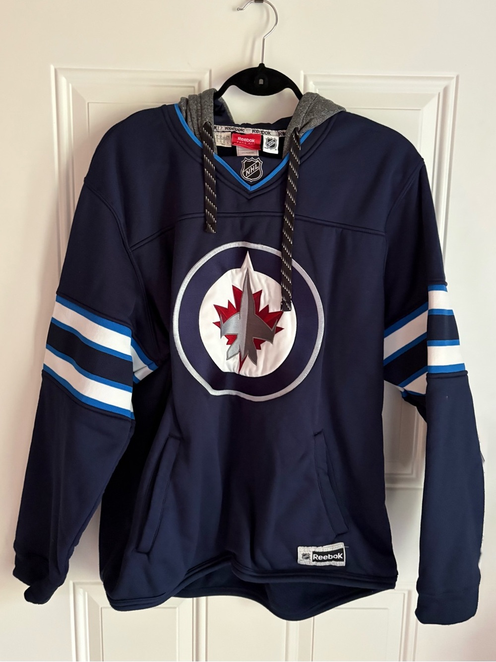 Reebok Navy Winnipeg Jets Hooded Crewneck Sweater with Light Blue Stripes